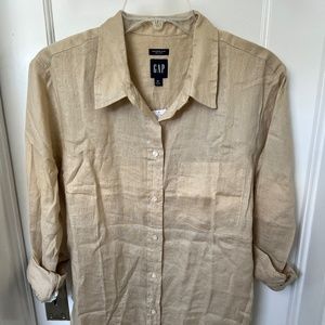 NWT Gap 100% Linen Boyfriend Shirt Top Blouse Medium Tan Beige